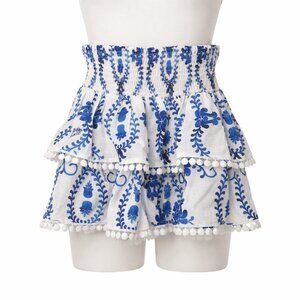MARINA Positano Blue & White Embroidered Tiered Mini Skirt